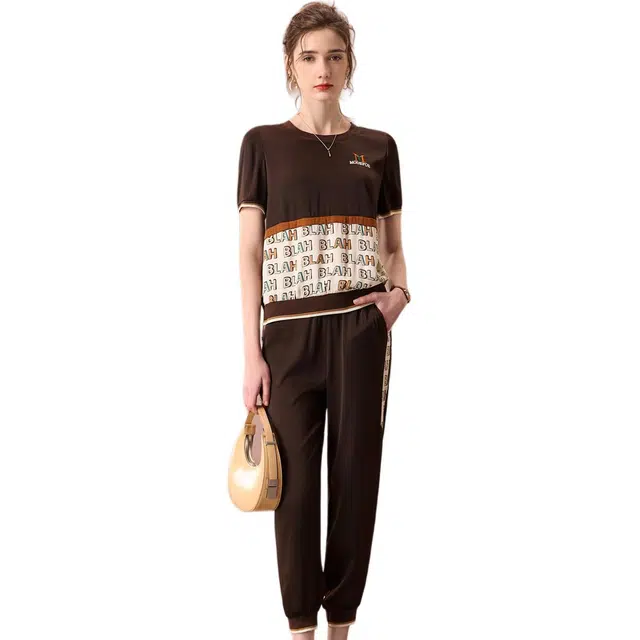 粉红玛琍 薄款圆领短袖上衣宽松中腰九分裤休闲套装 女款 咖色