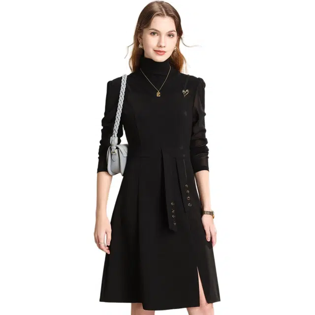 粉红玛琍 高领简约舒适休闲长袖连衣裙 女款 黑色