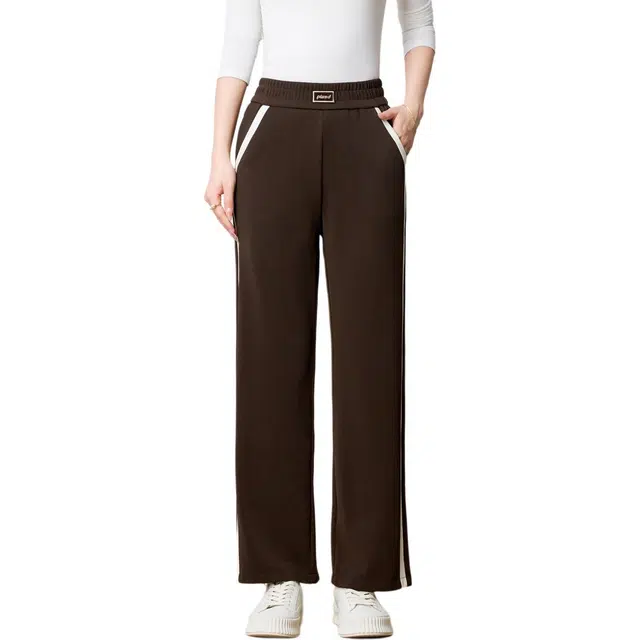 粉红玛琍 条纹高腰合身休闲裤 女款 咖色