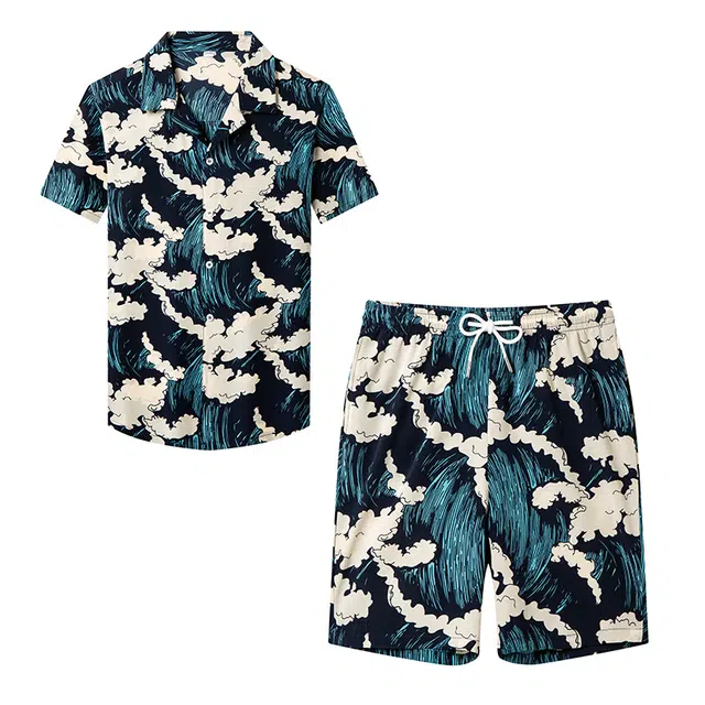 太子龍 品牌男装休闲短袖运动套装男夏季度假薄款凉爽桑蚕丝两件套衬衫 男款