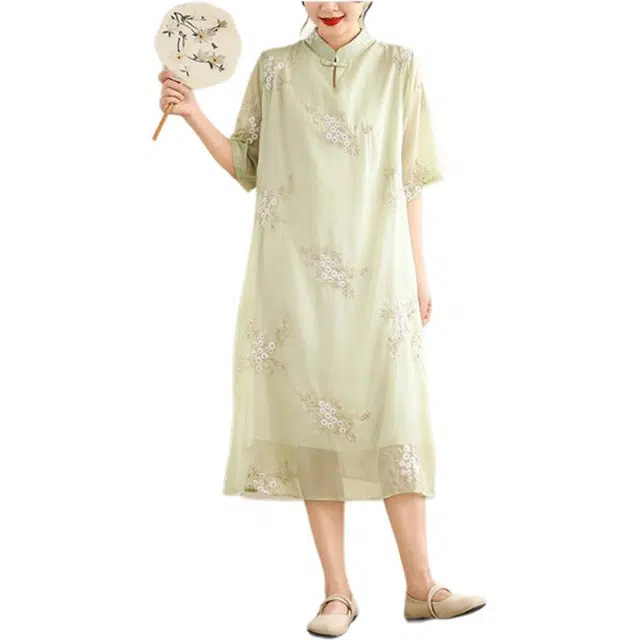 丝絮丝绸 新中式夏季国风文艺典雅端庄大气旗袍短袖连衣裙 女款