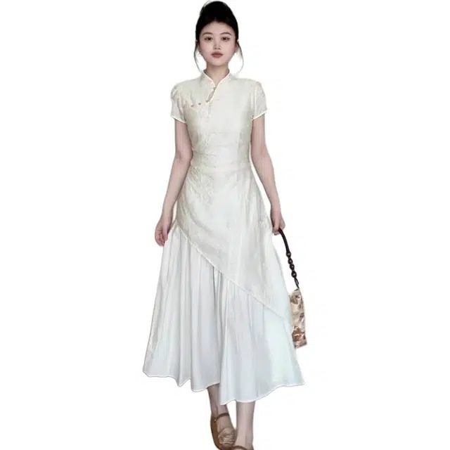 敲模女孩 法式温柔风新中式国风改良旗袍假两件不规则收腰气质短袖连衣裙 女款