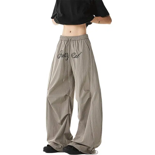黑马漫画 美式复古纯色工装轻薄透气宽松阔腿抽绳休闲裤 男女同款