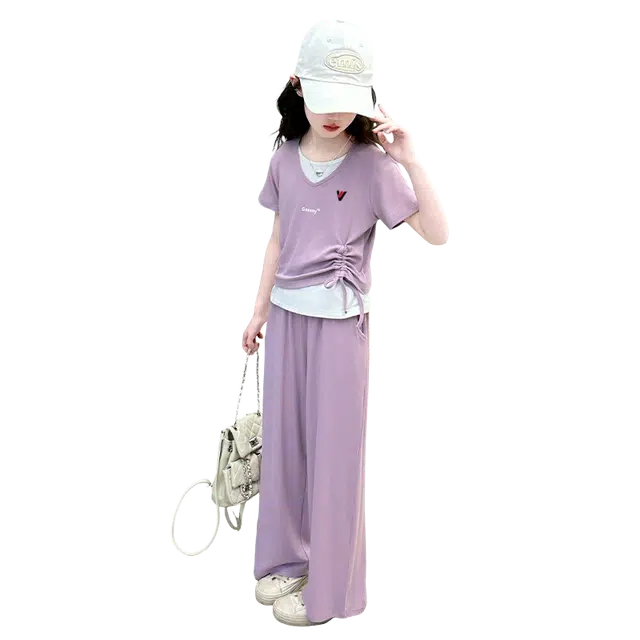 雅鹿休闲运动套装 时尚柔软夏季女孩短袖字母 两件套 青少年