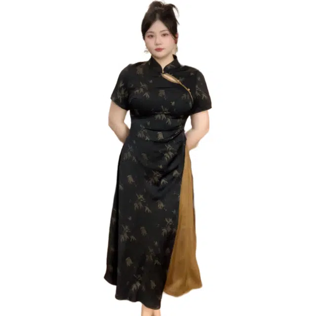 哒头下雨不愁 中式设计显瘦碎花常规短袖高腰旗袍 女款 黑色