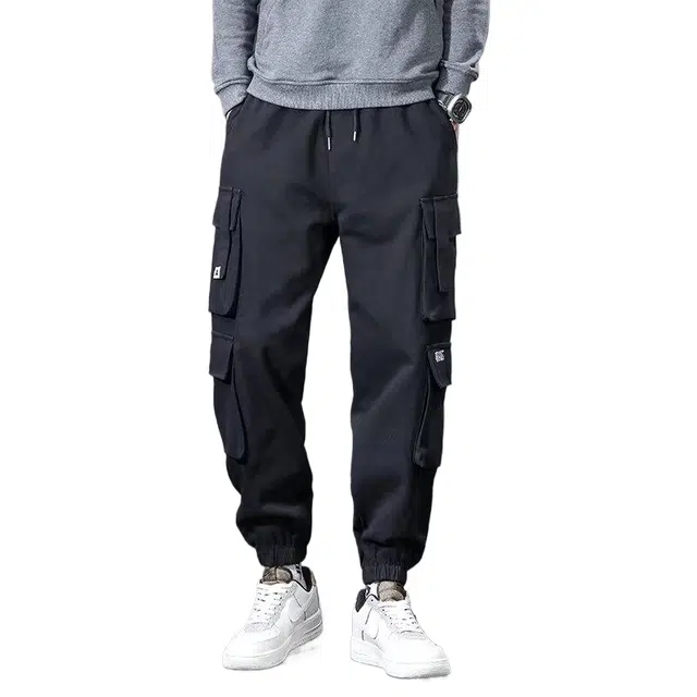 玉儿恋 纯色系带中腰多口袋宽松束脚工装裤 男女同款