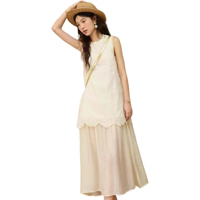 谜秀 法式刺绣假两件拼接简约通勤无袖连衣裙 女款