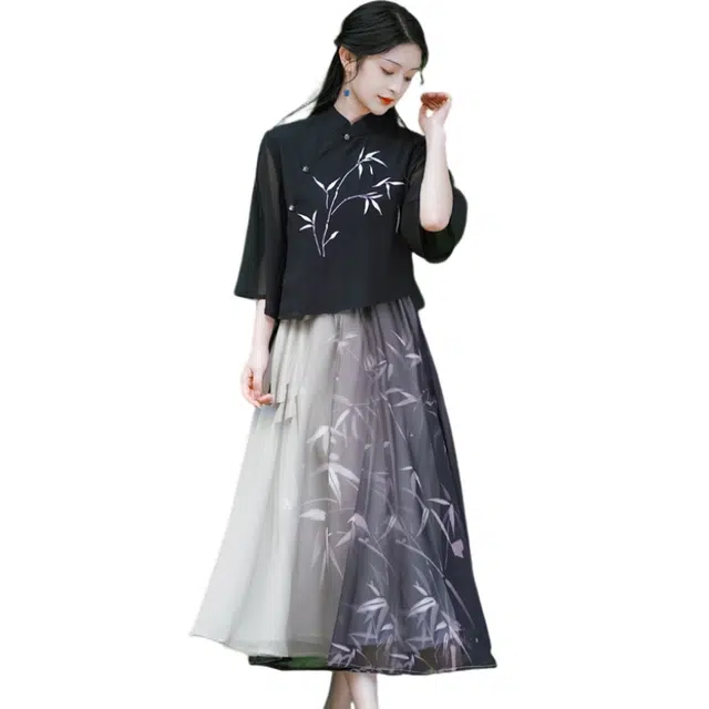 丝絮丝绸 新中式国风水墨印花宽松裙装套装 女款
