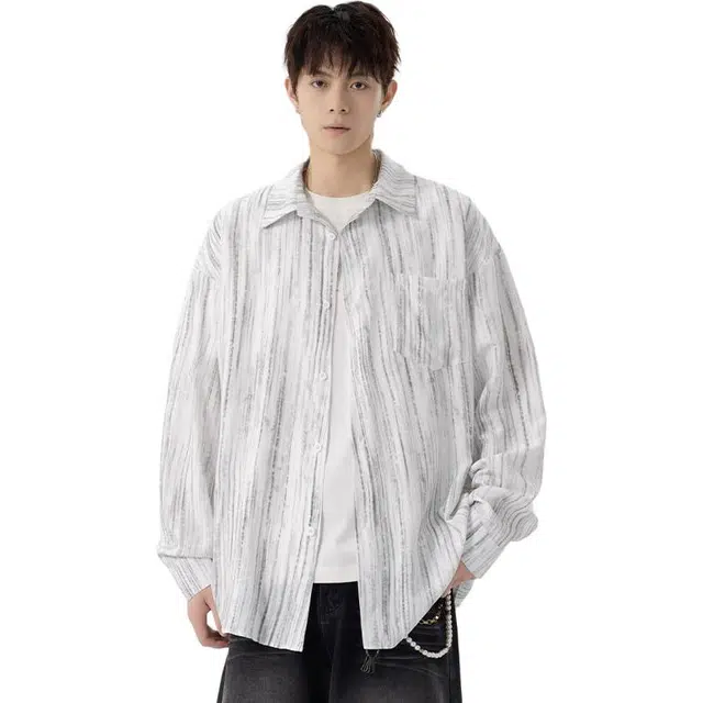 颂希尔 美式扎染透气薄款时尚潮牌凉感顺滑宽松长袖衬衫 男女同款