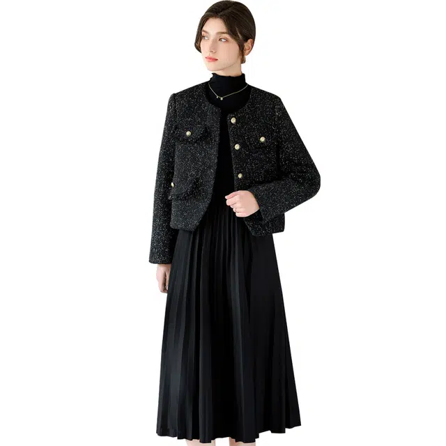 她池 小香风气质优雅短外套休闲纯色时尚中长裙裙装套装 女款 黑色