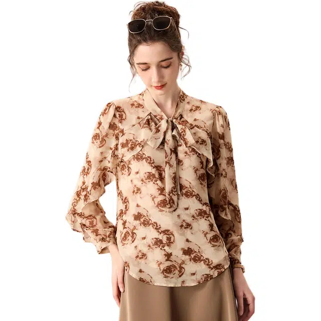 粉红玛琍 复古薄款植物花卉长袖衬衫 女款 咖色花