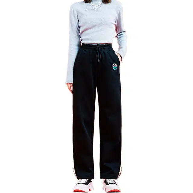 木果果木 抽绳高腰加绒时尚直筒休闲裤 女款 黑色