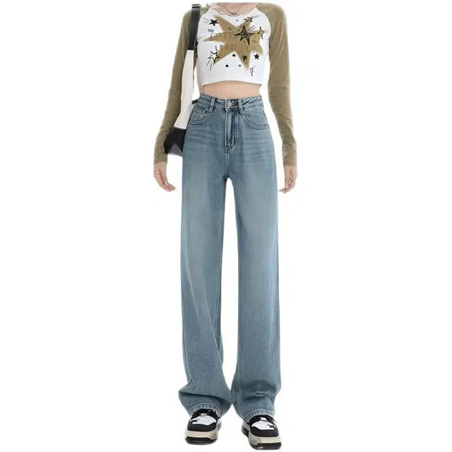 天才小熊 潮流时尚复古宽松垂感牛仔裤 女款