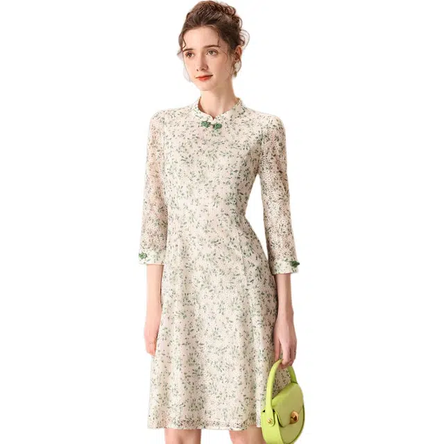 粉红玛琍 立领修身简约碎花长袖连衣裙 女款 绿花