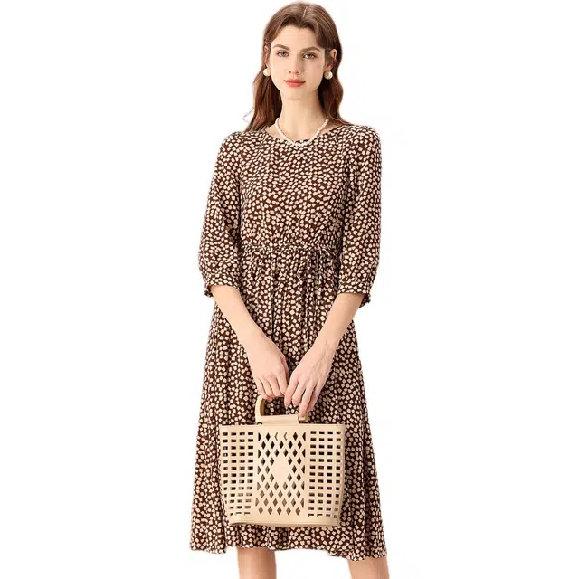 粉红玛琍 印花修身高腰透气七分长袖连衣裙 女款 咖色