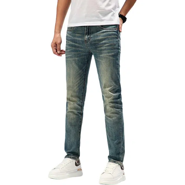 潮人榜 美式潮牌复古高级感修身小脚男士裤子夏季潮流百搭弹力痞帅显高显瘦直筒牛仔裤 男款