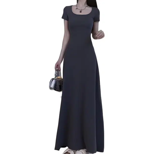 小卷要加油 法式修身高级感气质收腰长裙短袖连衣裙 女款