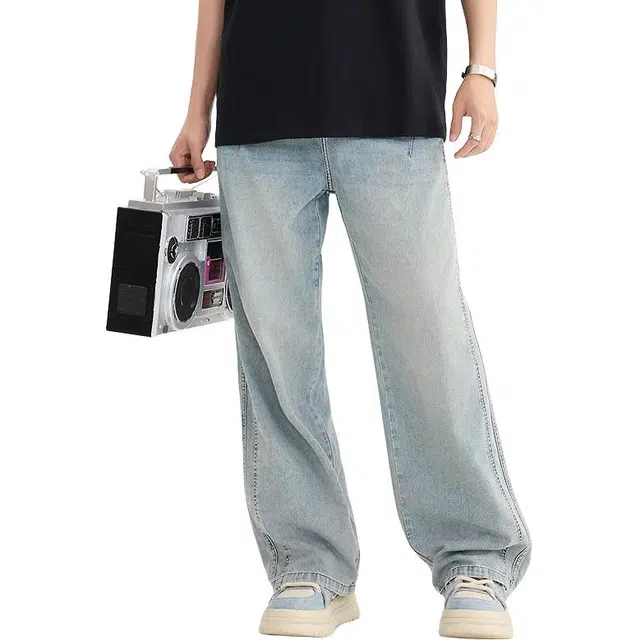 三福 打褶侧分割阔腿长裤牛仔裤 男款