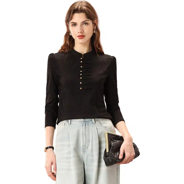 粉红玛琍 复古盘扣时尚提花长袖衬衫 女款 黑色