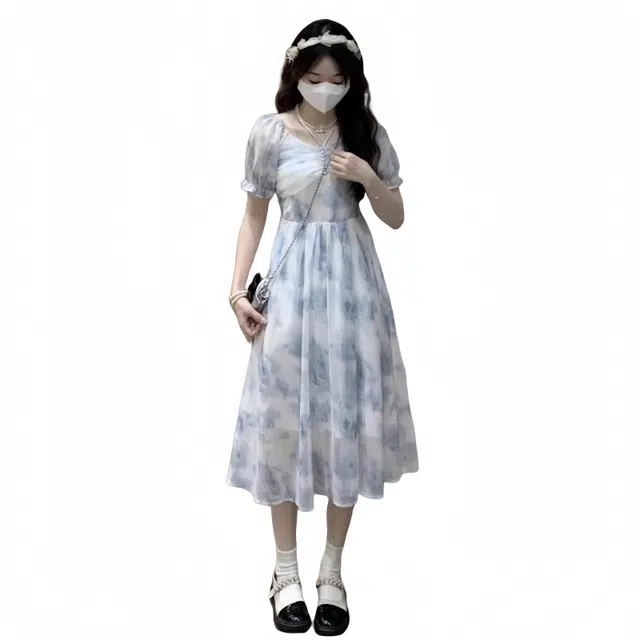 柏黛妃 茶歇法式碎花小清新气质甜美仙女在逃公主温柔初恋长裙短袖连衣裙 女款