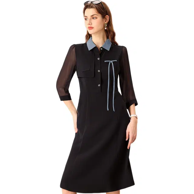 粉红玛琍 拼色翻领高腰套头长袖连衣裙 女款 灰色