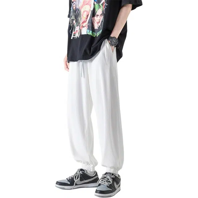 顶峰保罗 冰丝薄款肌理感束脚运动裤时尚潮牌宽松纯色休闲裤 男女同款