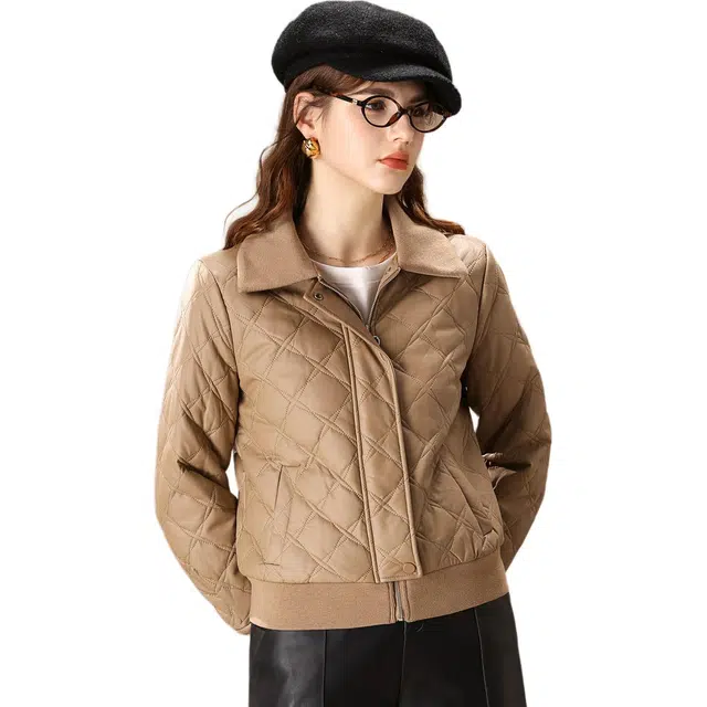 粉红玛琍 通勤翻领拉链长袖棉服 女款 卡其