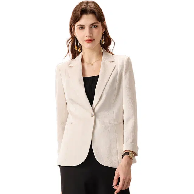 粉红玛琍 纯色暗纹提花长袖西装 女款 白色
