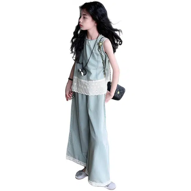 天才小熊休闲运动套装 女童夏季大童潮牌小孩衣服 小女孩 花边水洗牛仔 洋气时髦 漂亮 甜美 儿童款