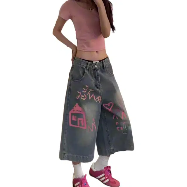 徐百货 大码复古高级感涂鸦设计七分裤夏季高街小众宽松裤潮流百搭牛仔短裤 男女同款