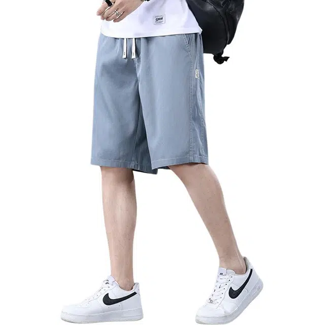 顶峰保罗 冰丝速干抽绳设计直筒五分裤纯色宽松薄款透气简约百搭运动风牛仔潮流休闲短裤 男女同款