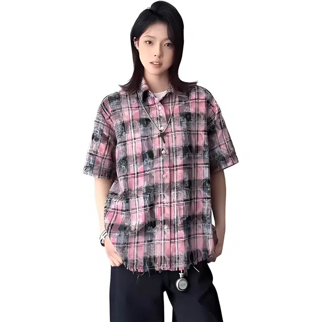 单爵 扎染格子高级感痞帅毛边破坏格纹衬衣美式情侣外套短袖衬衫 男女同款 樱花粉