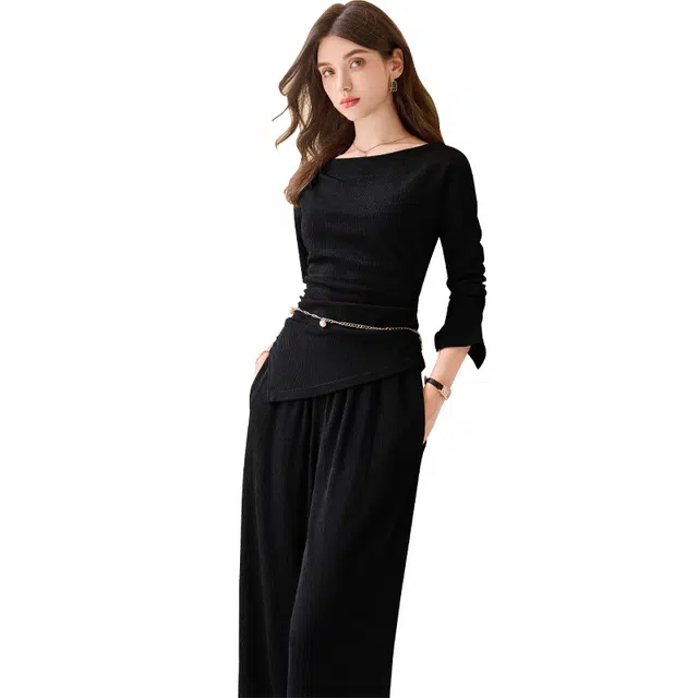 她池 设计感不规则舒适上衣气质百搭下衣休闲套装 女款 黑色