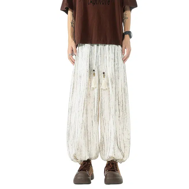 加荣 条纹缎面冰丝裤子夏季薄款透气潮青少年户外出行百搭男裤垂感速干松紧腰拖地裤小众设计感痞帅直筒阔腿灯笼裤休闲裤 男女同款