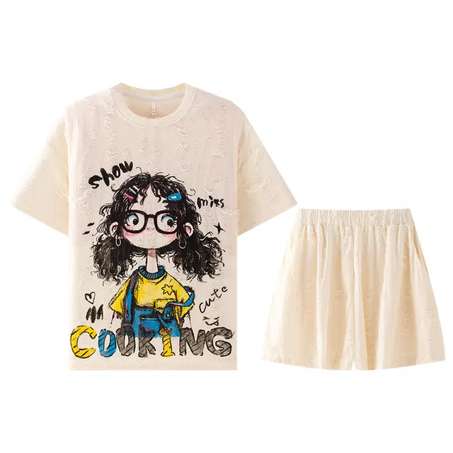向薇 女夏季短袖短裤家居服可爱卡通女士女生宽松大码睡衣套装 女款