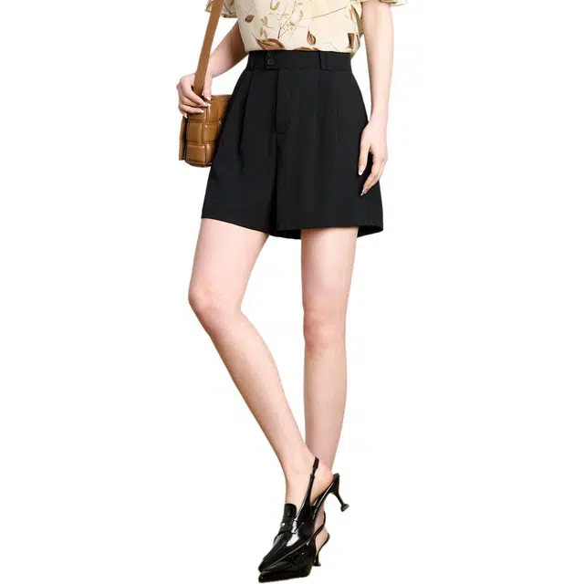 粉红玛琍 高腰纯色阔腿休闲短裤 女款 黑色