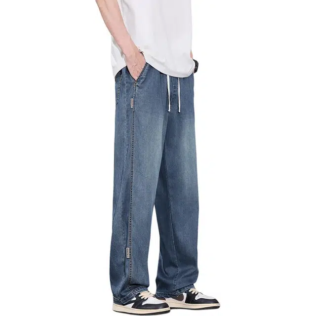 么宁 夏季薄款凉感宽松直筒简约百搭拼接设计感舒适透气耐穿耐磨个性痞帅运动休闲牛仔裤 男女同款