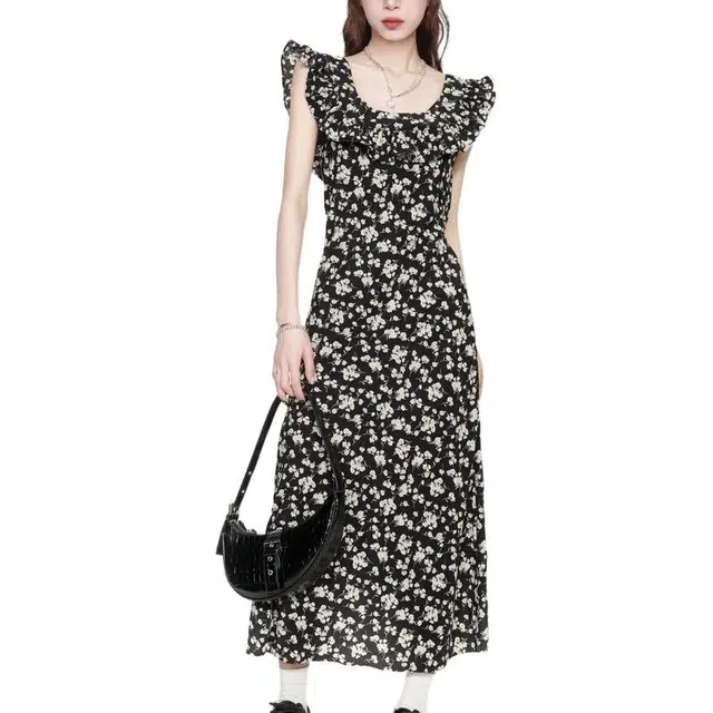 小卷要加油 法式露背碎花长裙设计感荷叶边气质茶歇中长款裙子吊带连衣裙 女款