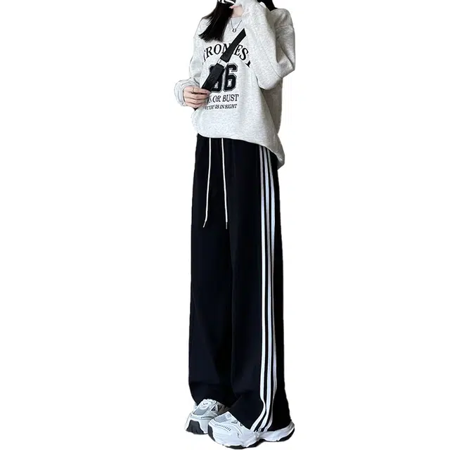 依钗 韩系复古酷风高腰宽松加绒透气运动裤休闲裤 女款