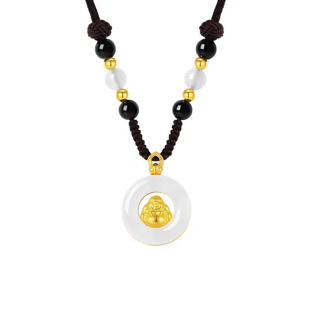 金大福 【平安顺遂】祥瑞弥勒佛锁骨链 新中式国潮招财纳福转运吉祥如意 小众设计轻奢高级感本命佛 #好运 玉髓 项链 男女同款情侣款