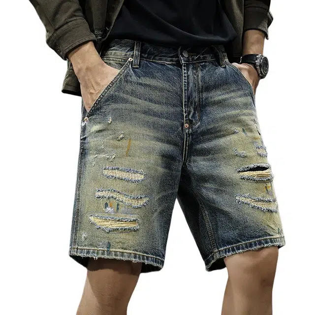 前进牛 美式破洞潮流泼墨宽松直筒五分牛仔短裤 男女同款