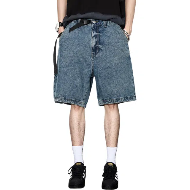 隐狼世家 宽松洗水做旧潮牌纯色中腰休闲短裤 男款