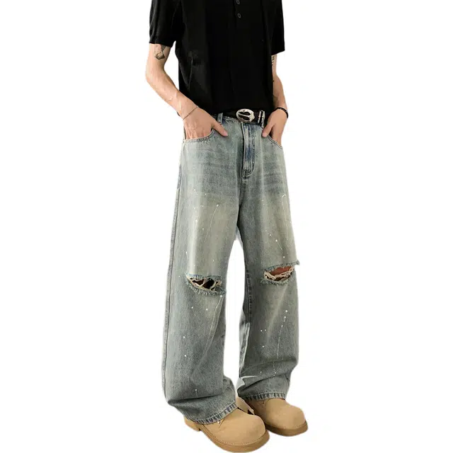 瑞梵帝斯 美式复古破洞高街潮牌宽松直筒柔软百搭牛仔裤 男款