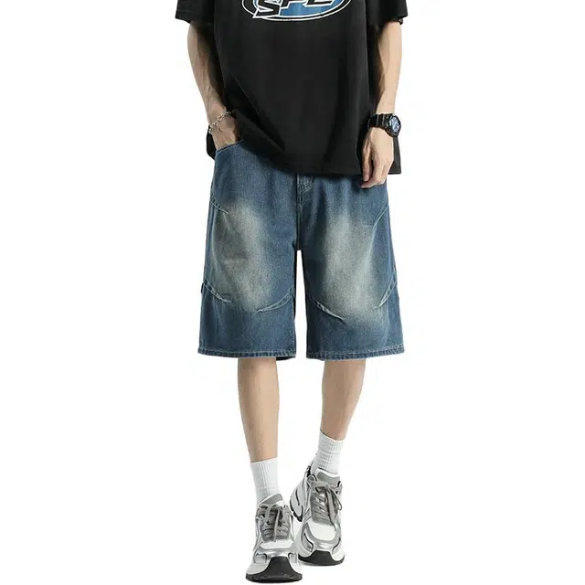 袋鼠 美式复古高街水洗垂感直筒简约休闲中腰宽松舒适透气阔脚牛仔短裤 男女同款