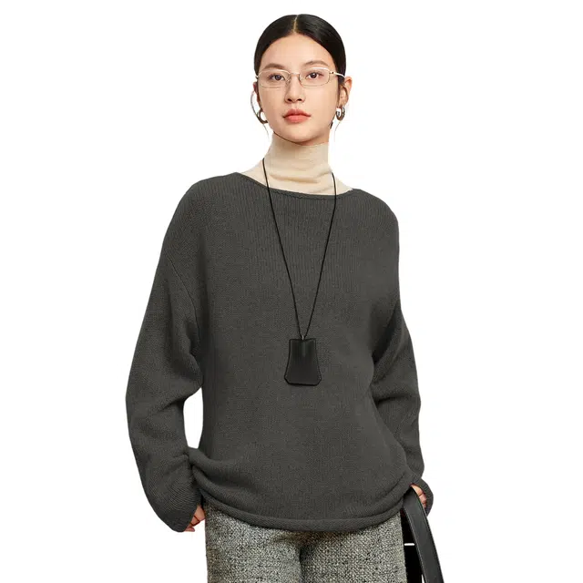 富铤 纯色复古慵懒松弛感圆领宽松气质百搭落肩长袖羊毛衫套头毛衣 女款