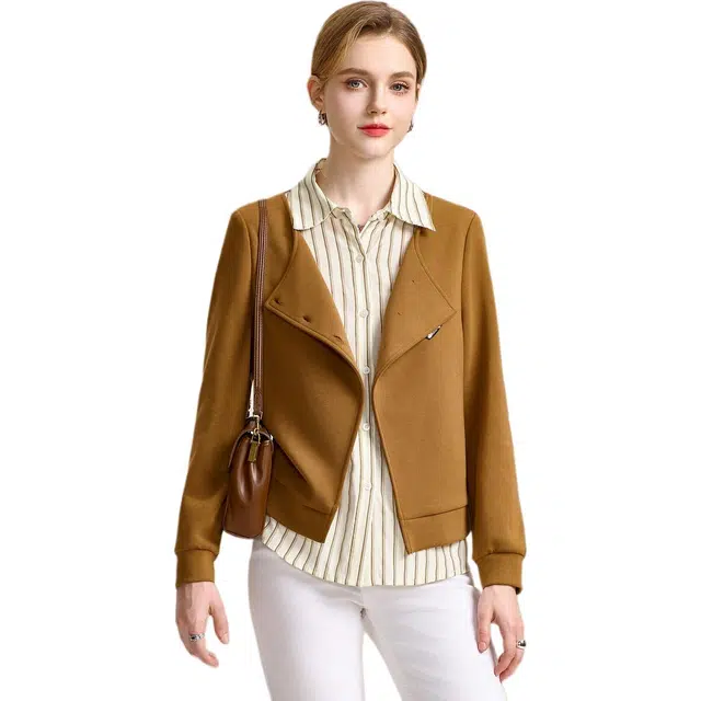 粉红玛琍 假两件拼接条纹长袖夹克外套 女款 棕色