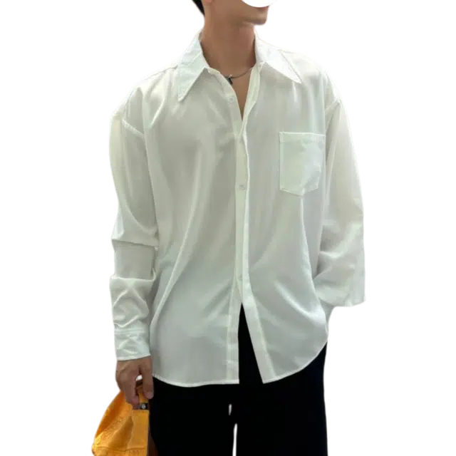 冈哉 日系潮流个性百搭垂感时尚简约舒适基础款长袖痞帅衬衣慵懒风外套上衣宽松舒适纯色翻领纽扣衬衫 男女同款