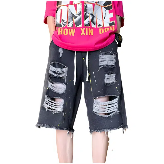 木木兔 美式毛边破洞复古潮牌高街休闲百搭小众时尚设计感五分裤牛仔短裤 男款