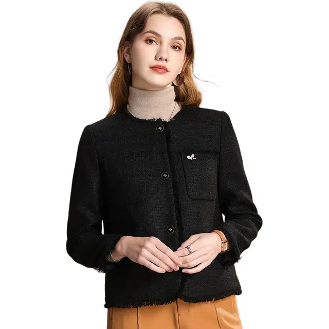粉红玛琍 小香风圆领纯色夹克外套 女款 黑色