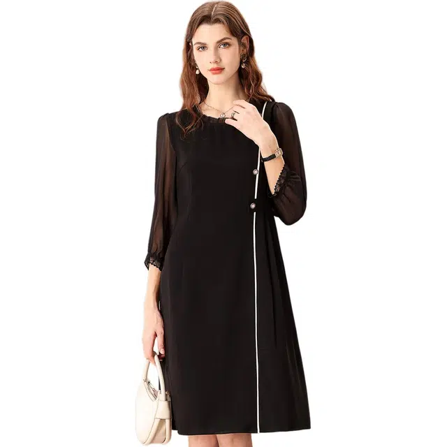 粉红玛琍 修身圆领简约九分袖长袖连衣裙 女款 黑色